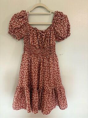 SHEIN Rust Floral Puff Sleeve Casual Dress for Girls